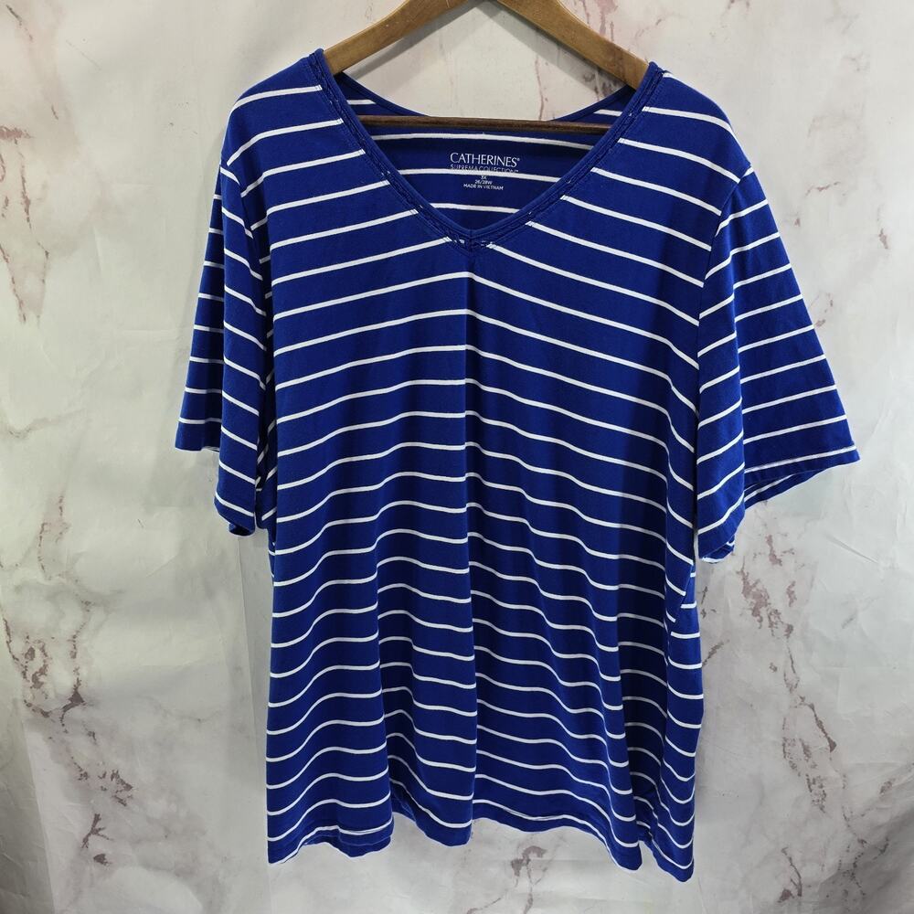 Catherines Shirt Women 3X 26W 28W Blue White T Tee Stripes V Neck Suprema